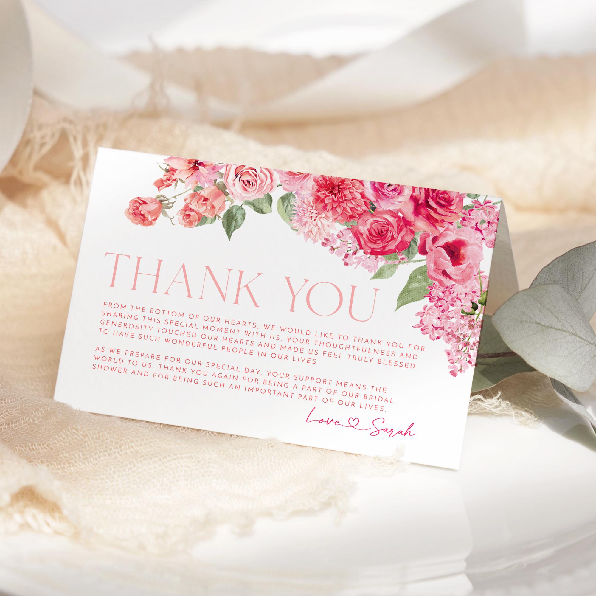 Hot Pink Floral Thank You Card Template: Bridal Shower, Wedding ...
