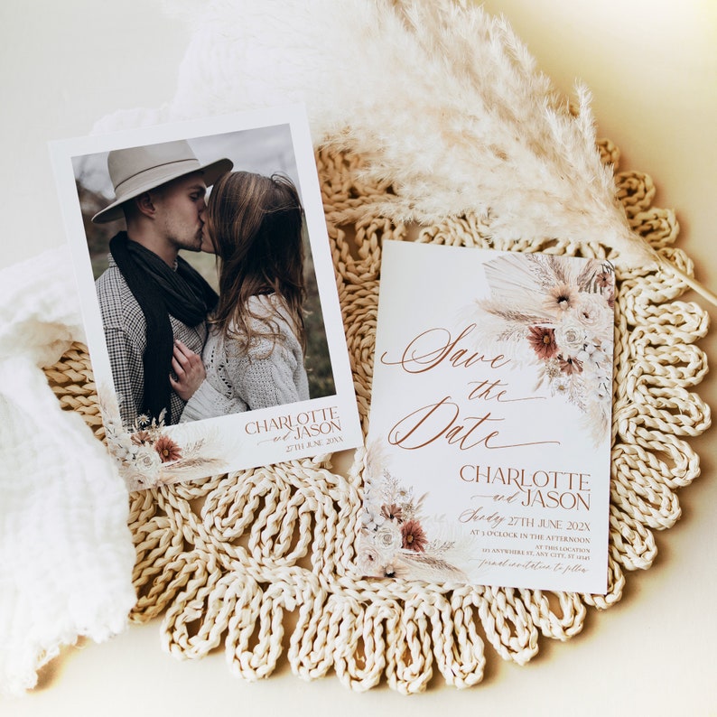 May include: Save the date card featuring a floral design and a photograph of a couple kissing. The card reads "Save the Date" in cursive script and "Charlotte and Jason" in a serif font. The date is 27th July 202X.