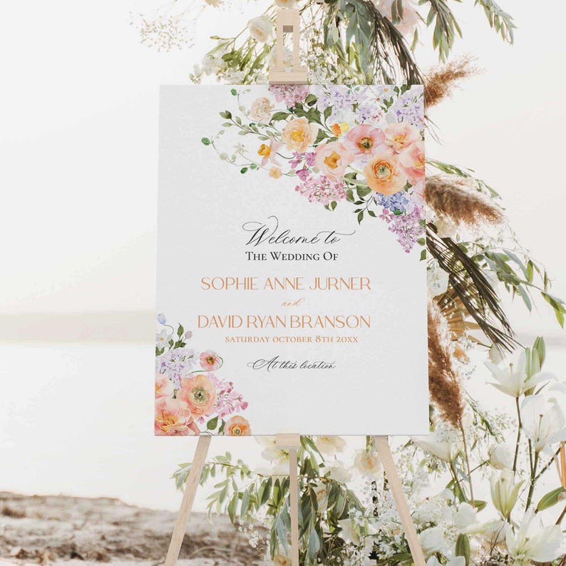 Spring Floral Wedding Sign Template Printable, Peach Purple Wedding Welcome Signs Template, Signage Large Sign Poster E023