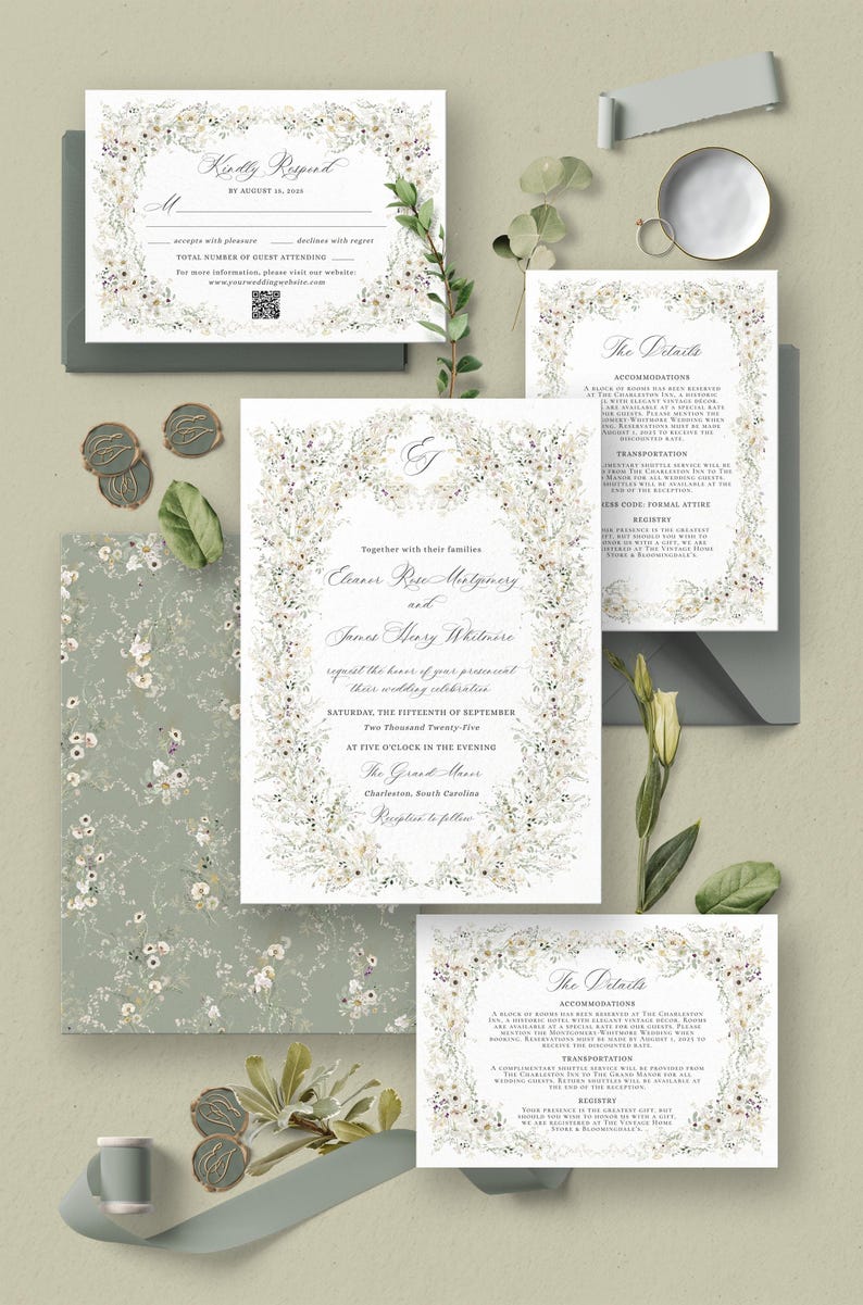 Wildflower Wedding Invitation Template, Elegant Wedding Invite Template Printable, Vintage Wedding Invitation Card, Wedding Suite D034