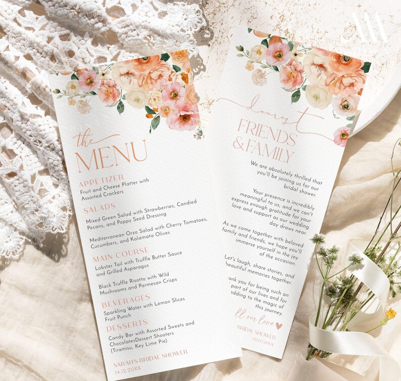 Peach Citrus Bridal Shower Menu Template: Floral Thank You Note (Digital Download) B007