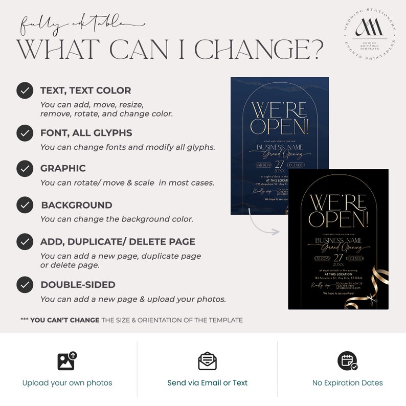 Printable corporate invitation template featuring elegant navy and gold design with “We’re Open” message.