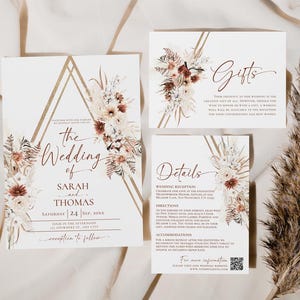 Boho Wedding Invitation Suite Template, Terracotta Wedding Invite QR Code, Elegant Fall Wedding Set Template, Bohemian Rust Terracotta E071