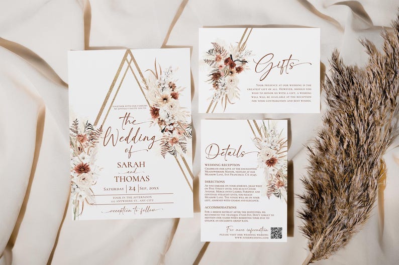 Boho Wedding Invitation Suite Template, Terracotta Wedding Invite QR Code, Elegant Fall Wedding Set Template, Bohemian Rust Terracotta E071