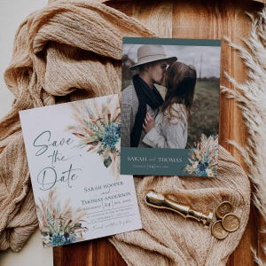 Rustic Save The Dates Card Printable, Teal Boho Wedding Save The Date Template with Photo, Custom Save The Date Wedding Templates E106