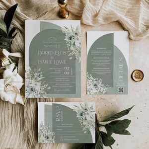Boho Sage Green Wedding Invitation Suite: Arched Greenery Template (Digital Download)