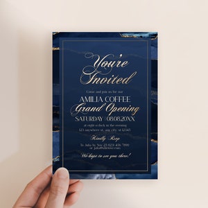 Business Invitation Template with navy blue background and gold accents, editable and printable for grand opening events.