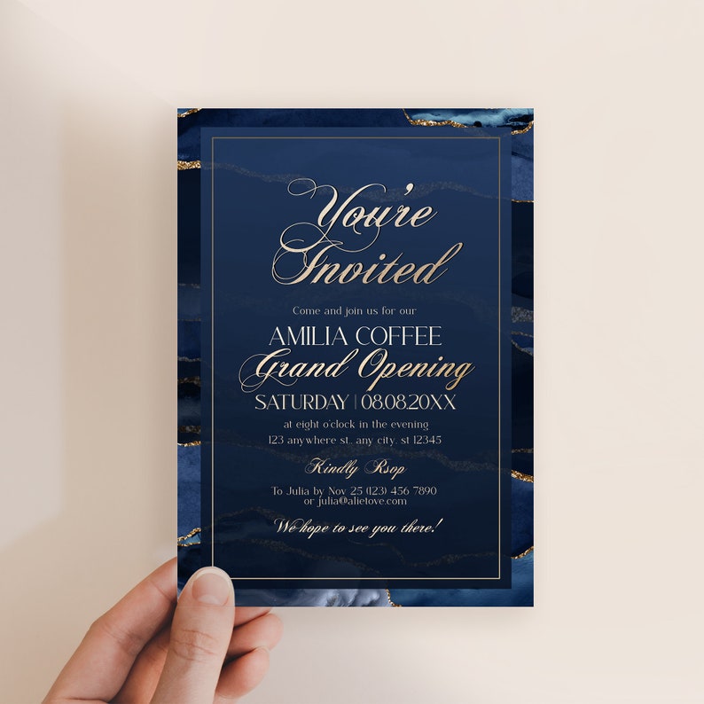 Business Invitation Template with navy blue background and gold accents, editable and printable for grand opening events.