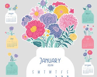 2027 Bloom Blumen DIY Schreibtischkalender, Monatsplaner 2027 - 2028, printable & Schneidedateien SVG Digital Download