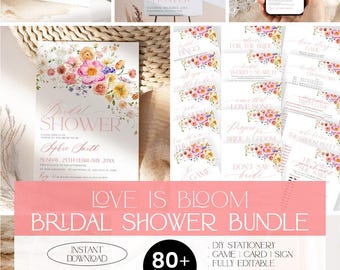 May include: A bridal shower stationery bundle featuring watercolor floral illustrations in pink, orange, and purple. The collection includes invitations, game cards, signs, and menus with elegant pink script text, all fully editable for events.