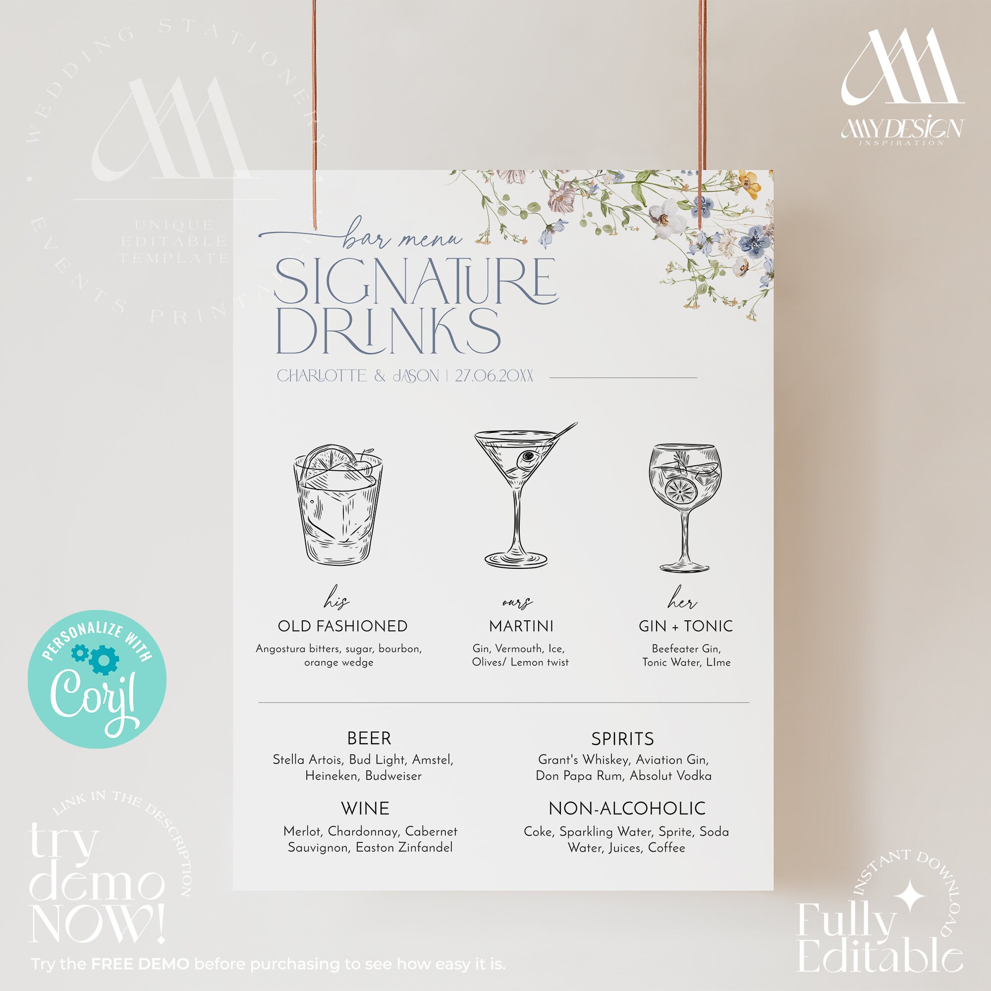 Signature Cocktails Sign Template Wildflower Wedding Bar Sign - Etsy