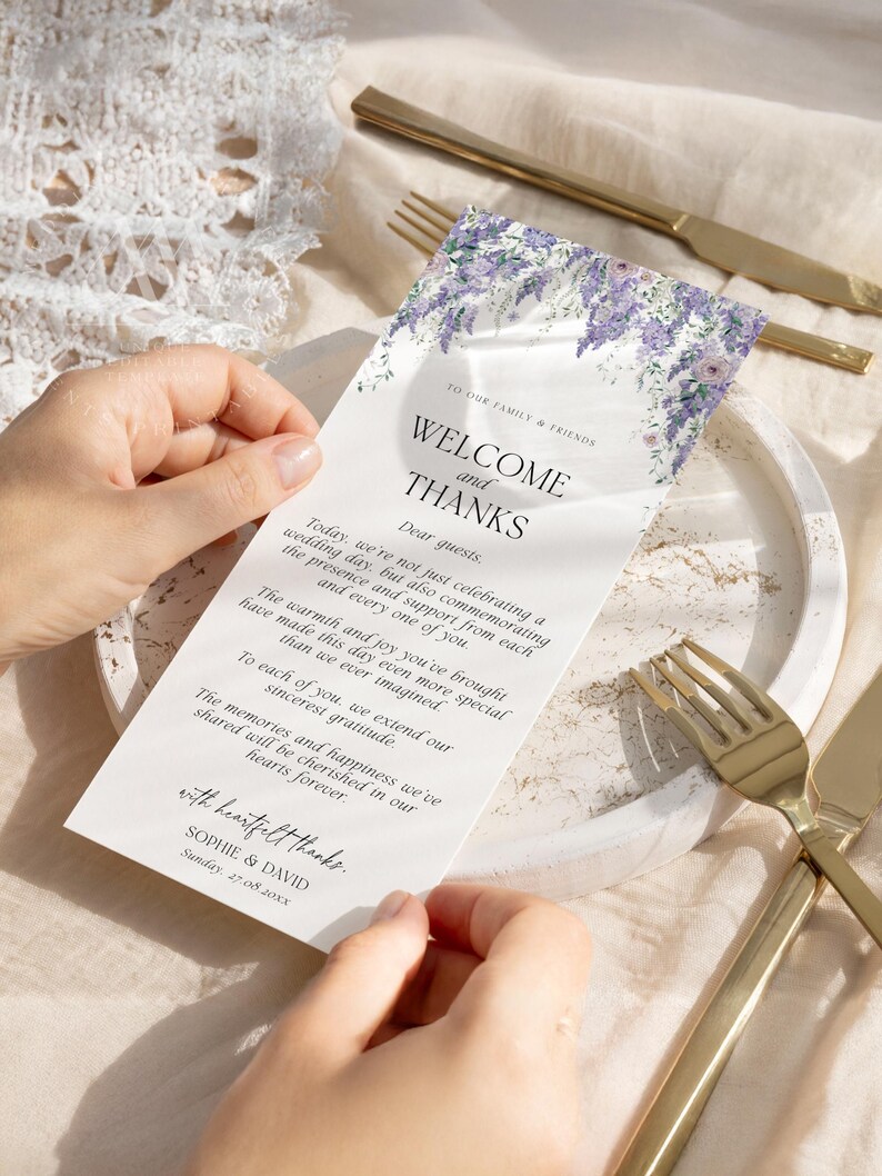 Wisteria Wedding Thank You Card Template, Printable Place Card Napkin Thank You Note, Place Setting Cards