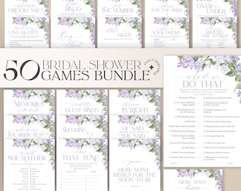 May include: A 50 bridal shower games bundle featuring white cards with purple floral accents. The text includes titles like What Did The Groom Say, Bridal Bingo, Guess The Number, Advice For The Bride, Over Or Under, and Why Do We Do That.