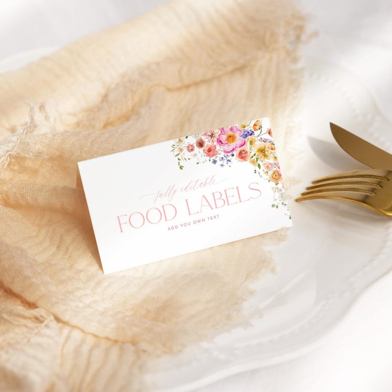 Bright Floral Food Labels Template, Floral printed place cards, Colorful Flowers Place card printable, food label Editable template B066