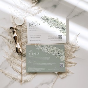 May include: A wedding invitation suite with a green and white floral design. The RSVP card has a section for guest names, dietary requirements, and a choice to indicate if they will attend the wedding. The details card includes information about the reception, including the location, date, and time.