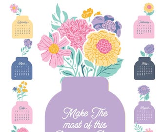 Pastel Flowers Jar Desk Calendar Monthly Printable Card, Peony Dahlia Floral Bouquet Monthly Calendar 2027 2028, Office Decor