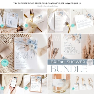 Dusty Blue Boho Bridal Shower Bundle - Editable Invitations, Signs, and Signage - Something Blue for the Bride B029