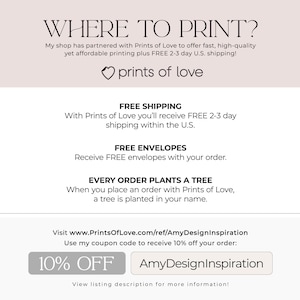 May include: A promotional graphic with the text "WHERE TO PRINT?" and "prints of love." It highlights free shipping within the U.S., free envelopes, and a tree planted with each order. A coupon code for 10% off is also included.