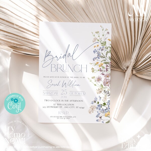 Boho Wildflower Bridal Brunch Invitation Template, Wildflower Bridal Brunch Invite A024