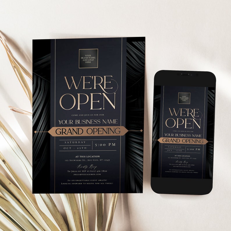 Modern corporate invitation design announcing “We’re Open,” featuring a sleek layout and minimalist style, printable and customizable.
