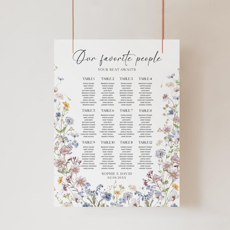 Meadow Wedding Seating Chart Sign Template, Table Seating Chart Sign, Botanical Wedding Seating Chart, Wildflower Seating Chart Sign D026