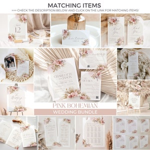 May include: Pink and gold wedding stationery bundle with floral designs. Includes invitations, RSVP cards, table numbers, and more.  The text on the invitation reads "Charlotte & Jason 02 February 2024".