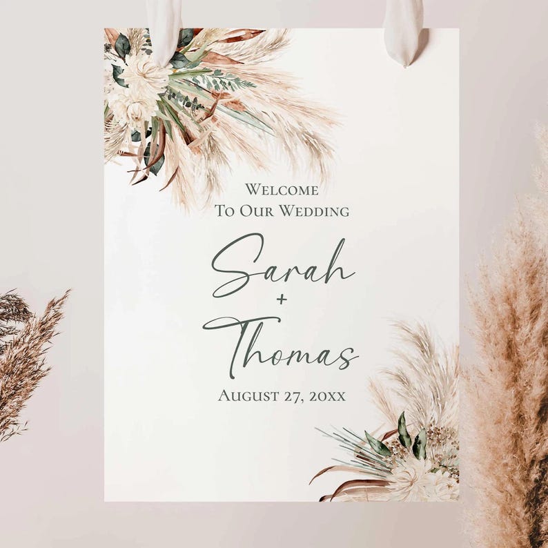 Bohemian Green Pampas Wedding Welcome Sign Template, Welcome To Our Wedding, Rustic Boho Wedding Signage Template E008