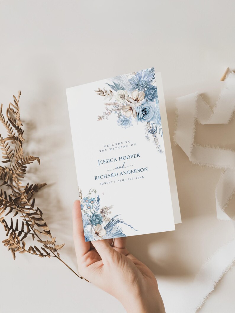 Blue Floral Catholic Wedding Program Template, Catholic Ceremony Programs (Digital Download) D018 image 6