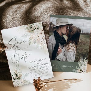 Boho Save The Date-kaartsjabloon, saliegroene foto Save The Date-sjabloon afdrukbaar, groen Save The Date-kaarten bewerkbare D024