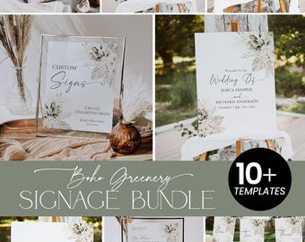 Boho-Hochzeitsschilder-Set mit Grünpflanzenmotiven, Vorlage für Empfangsschilder (Digitaler Download) D024