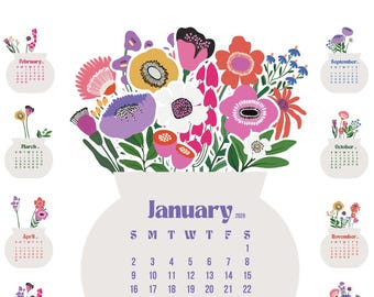 2027 & 2028 Bloom Flowers Printable Floral Desk Calendar | Instant Download SVG PNG PDF