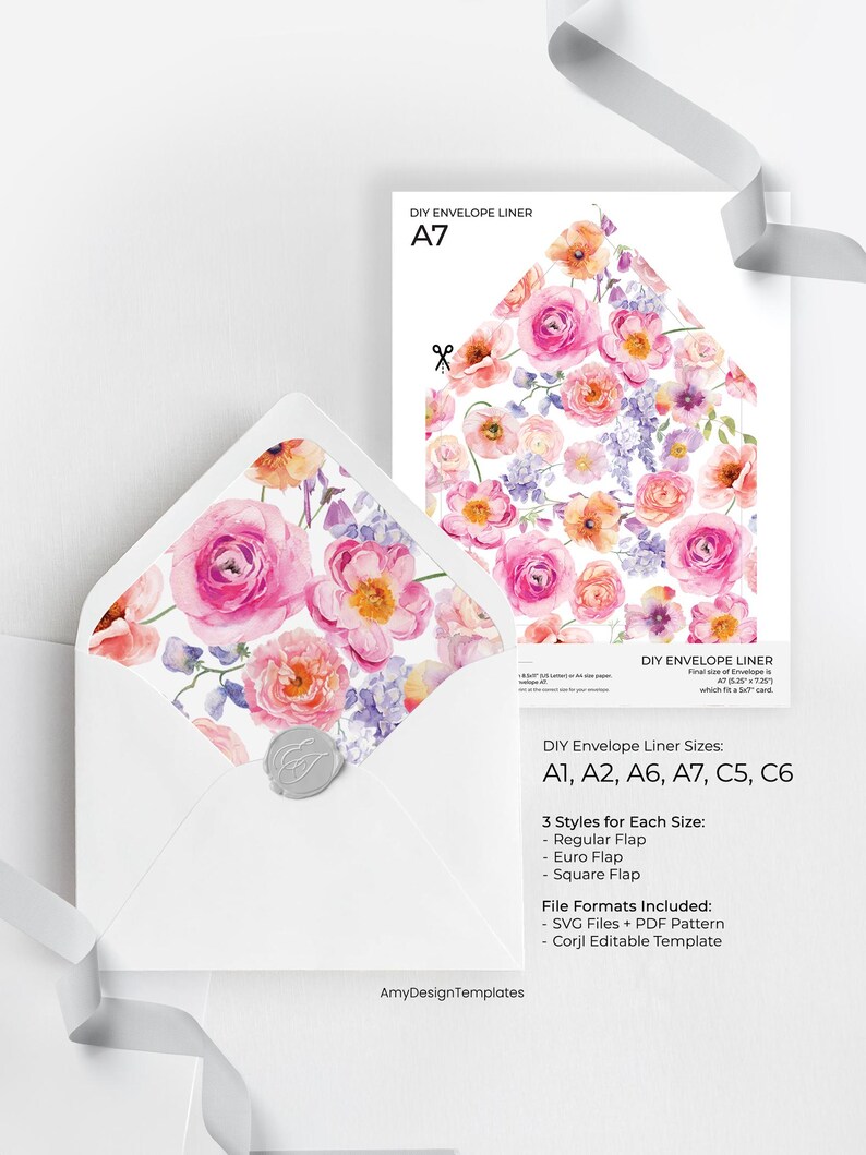 Bright Colorful Flowers Envelope Liner Template, Floral Wedding Envelope Liners Printable, Euro Flap, Square Flap, Digital Instant Download