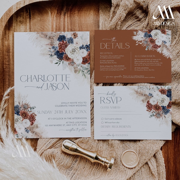 Navy Blue Rust Wedding Invitation Template Boho Terracotta Wedding Invitation Suite Navy Blue Wedding Invite Set Save The Date Card D019