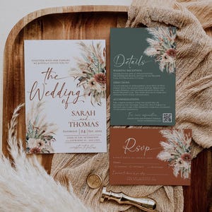 Boho Rustikale Hochzeitseinladung Vorlage, Boho Hochzeitseinladung Karte zum Ausdrucken, Terrakotta Salbei Grün Hochzeit Einladen Set D036