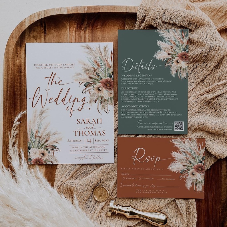 Boho Rustic Wedding Invitation Template, Boho Wedding Invitation Card Printable, Terracotta Sage Green Wedding Invite Set