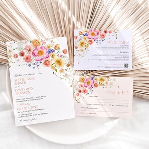 Floral Garden Wedding Invitation Template Editable, Bright Floral Wedding Invitation Set, Colorful Flowers Wedding Invite