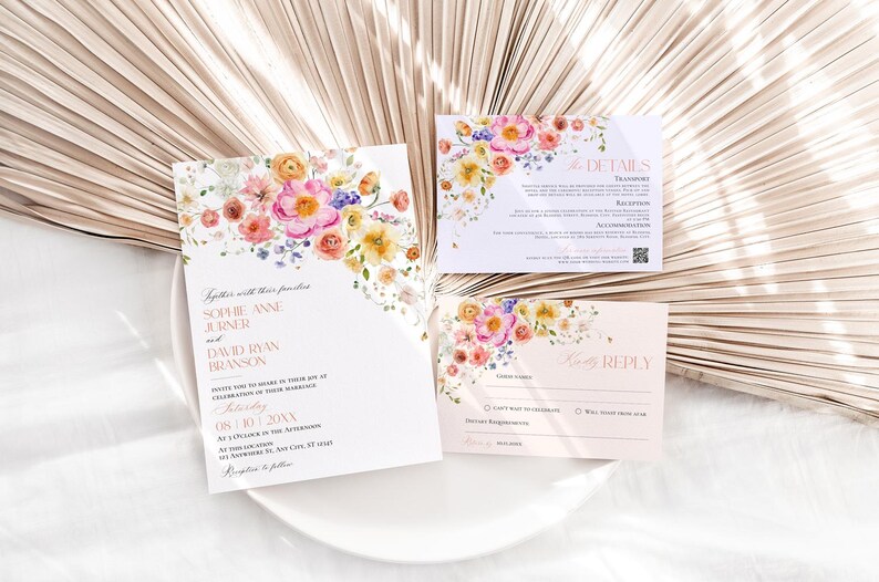 Floral Garden Wedding Invitation Template Editable, Bright Floral Wedding Invitation Set, Colorful Flowers Wedding Invite