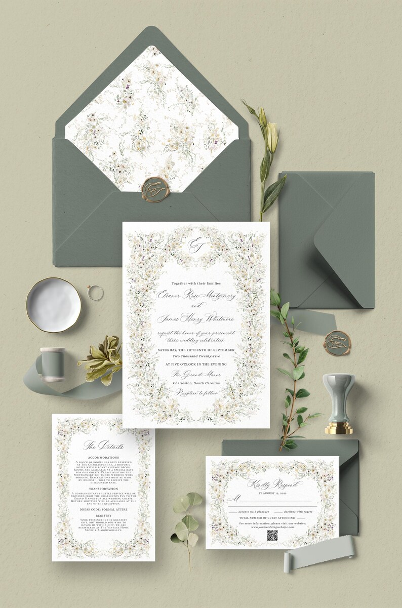 Wildflower Wedding Invitation Template, Elegant Wedding Invite Template Printable, Vintage Wedding Invitation Card, Wedding Suite D034
