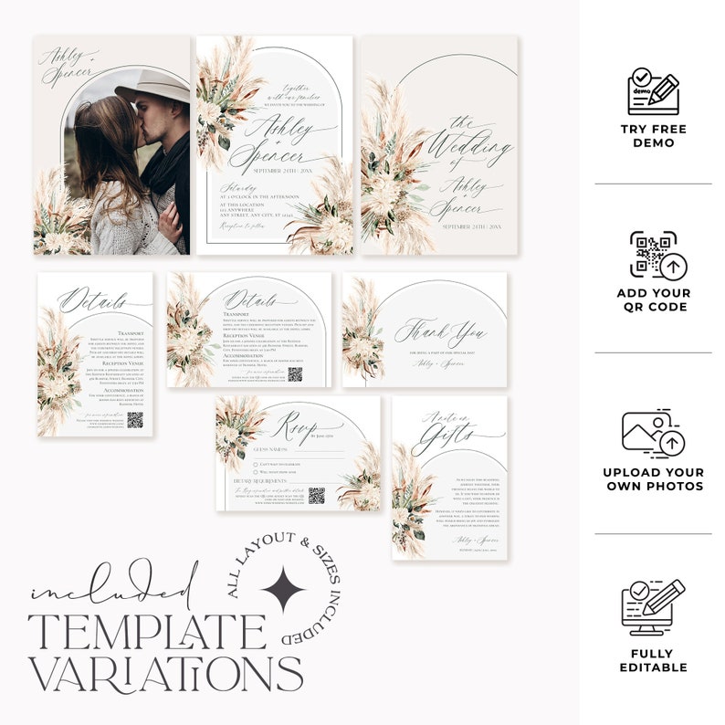 Puede incluir: Una colecci&oacute;n de plantillas de papeler&iacute;a para bodas con marcos arqueados, ilustraciones de hierba de la pampa y tipograf&iacute;a cursiva elegante. El set incluye invitaciones, tarjetas de detalles, tarjetas RSVP, notas de agradecimiento y tarjetas de regalos.