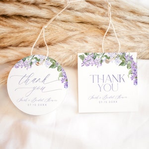 Sjabloon lila bloemen gunsttag, paarse bedankkaartjes, afdrukbare bruiloft lila gunst cadeaulabel bewerkbare sjabloon rechthoekige ronde tags B001
