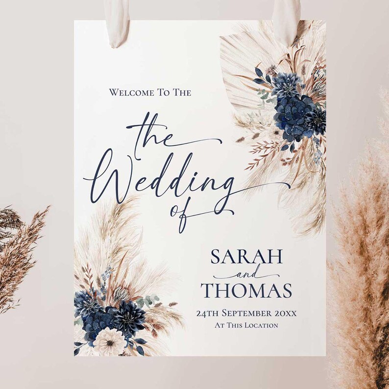 Navy Blue Wedding Welcome Sign Template, Boho Wedding Sign Template, Pampas Signage Printable E108