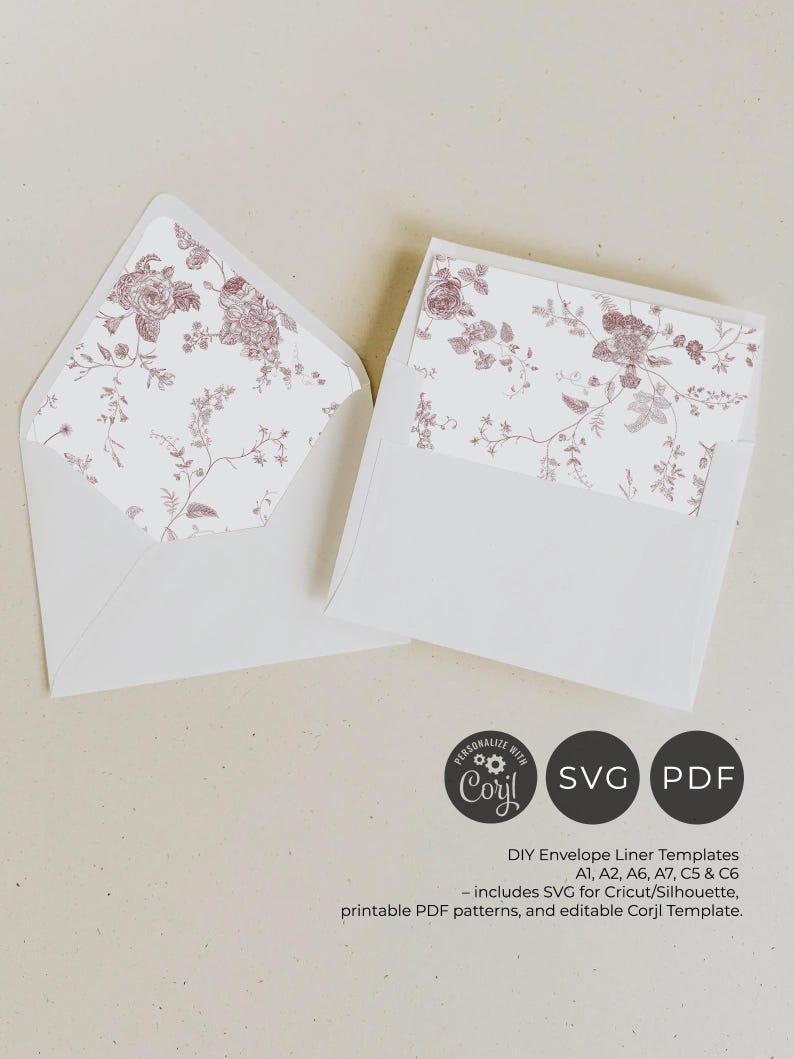 French Toile Envelope Liner Template, Pink Monogram Wedding Envelope Liner Template A1 A2 A6 A7 C5 C6, Digital File SVG, Instant Download
