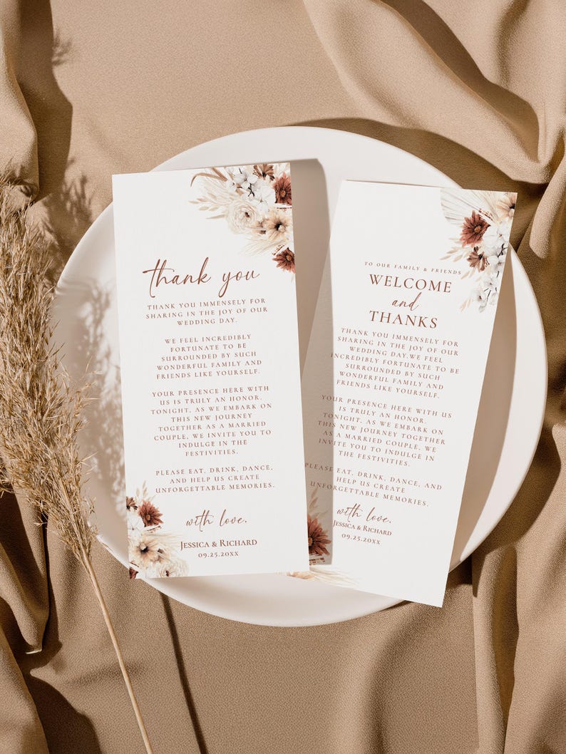 May include: Two rectangular wedding thank you cards with white backgrounds and floral accents in shades of brown, cream, and rust. The text includes "thank you," "welcome and thanks," and the names "Jessica & Richard" with the date "09.25.20XX."