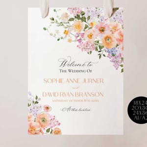 Spring Floral Wedding Sign Template Printable, Peach Purple Wedding Welcome Signs Template, Signage Large Sign Poster E023