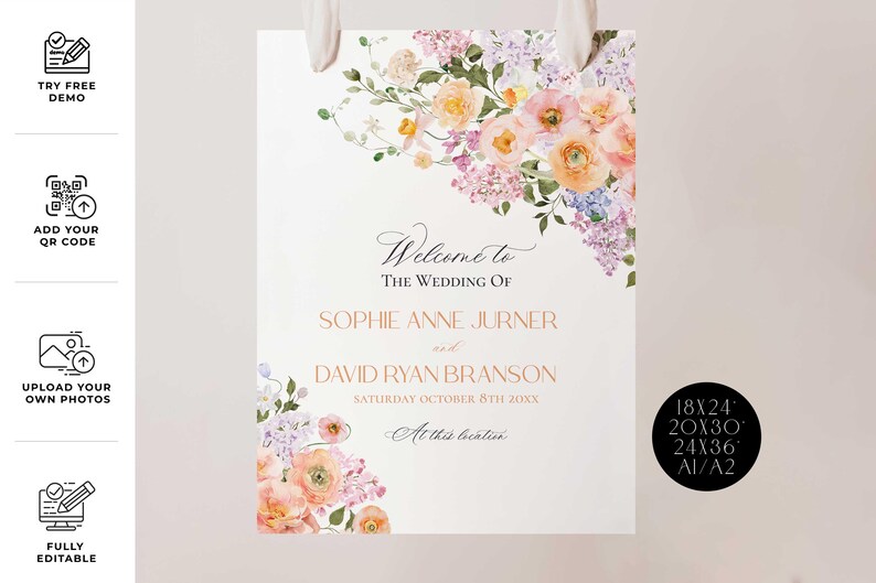 Spring Floral Wedding Sign Template Printable, Peach Purple Wedding Welcome Signs Template, Signage Large Sign Poster E023