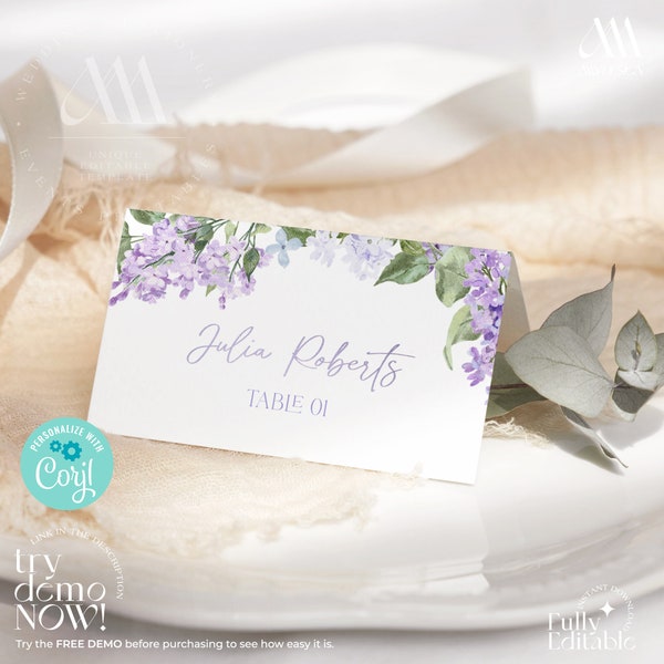 Lilac Wedding Place Card Template, Purple Floral Garden Place card printable, Editable Lilac Placecards Instant Download B001