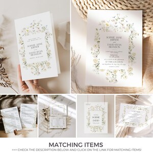 May include: A collection of wedding stationery featuring floral designs. The set includes invitations, a program, and detail cards. Each piece has a white background with a floral border and the names "Sophie Anne Jurner" and "David Ryan Branson".