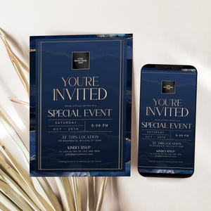 Editable modern business invitation template bundle with over 45 elegant minimalist corporate party cards. Perfect for business dinners, company anniversaries, and networking events. Easy to customize in Corjl.