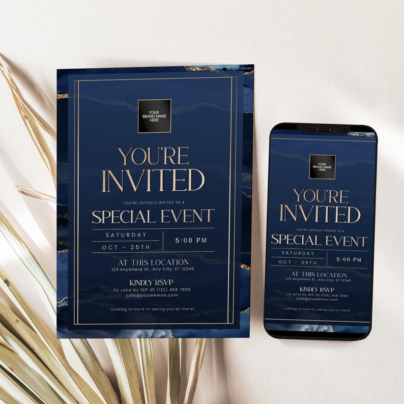 Editable modern business invitation template bundle with over 45 elegant minimalist corporate party cards. Perfect for business dinners, company anniversaries, and networking events. Easy to customize in Corjl.