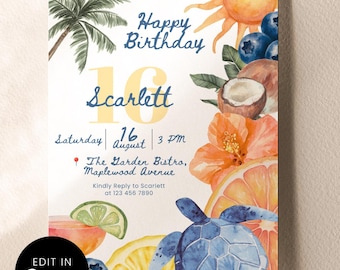 Tropical Ocean Theme Birthday Party Invitation Template, Blue Sea Turtle & Palm Tree Card, Coconut Orange Hibiscus Design, Edit Canva